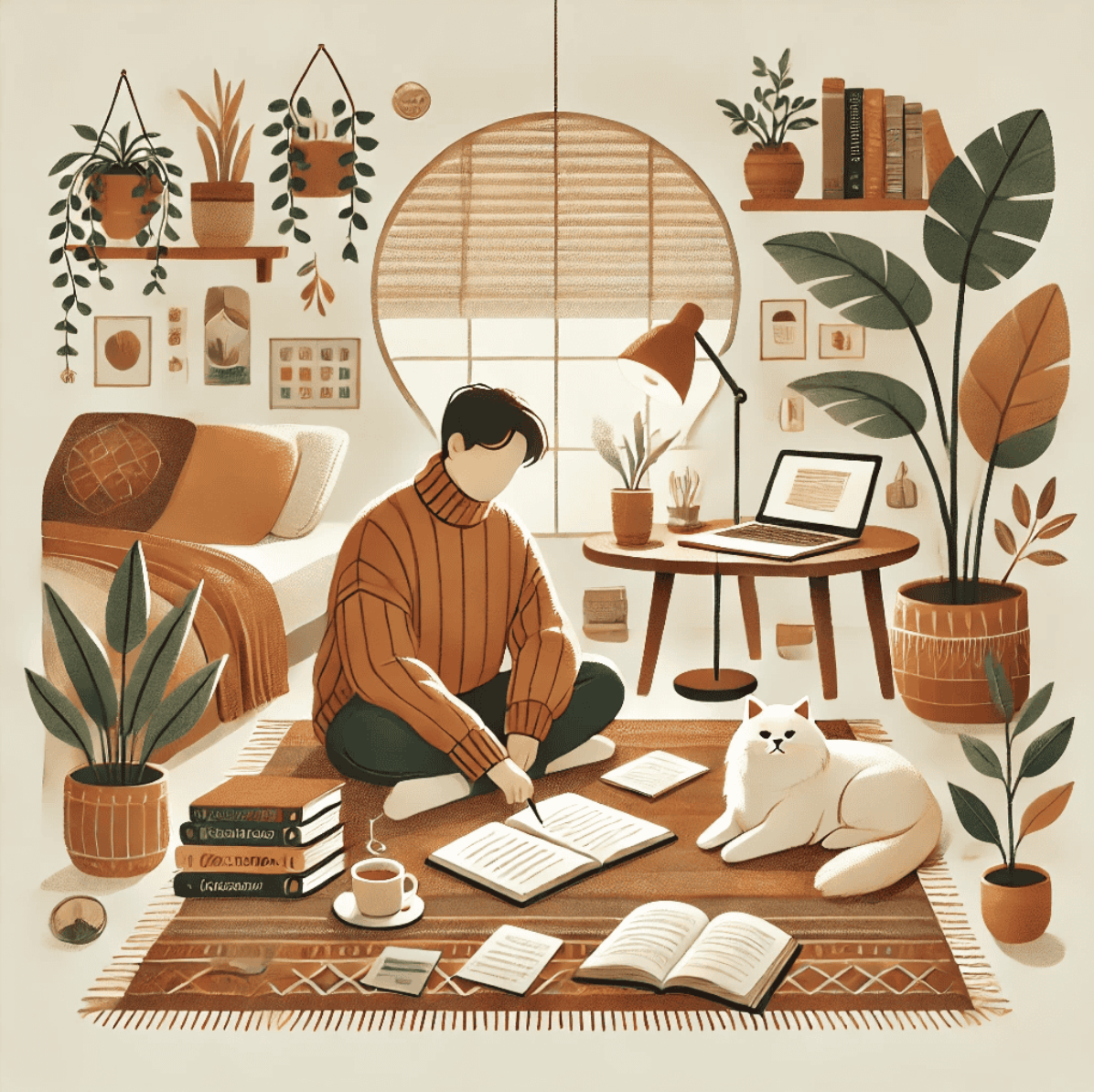 Illustration of a writer in a comfortable chair with a laptop, paper notes, a cat, and a plant next to her